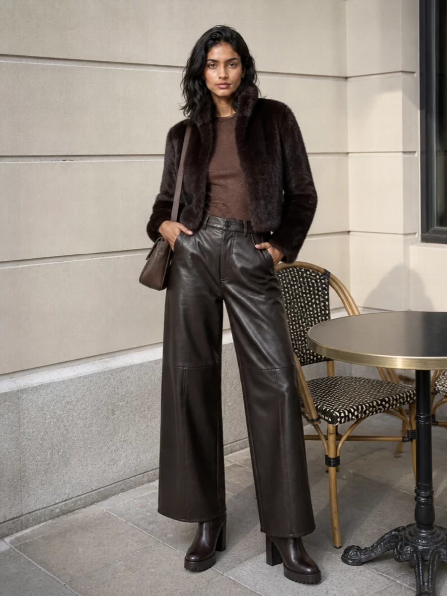 Pinko faux fur jacket brown wide leg pants outfit