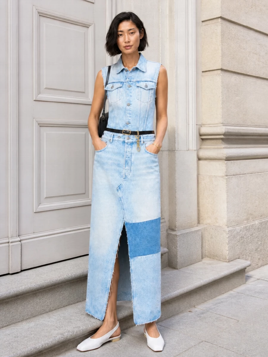 Mm6 denim maxi dress white flats outfit