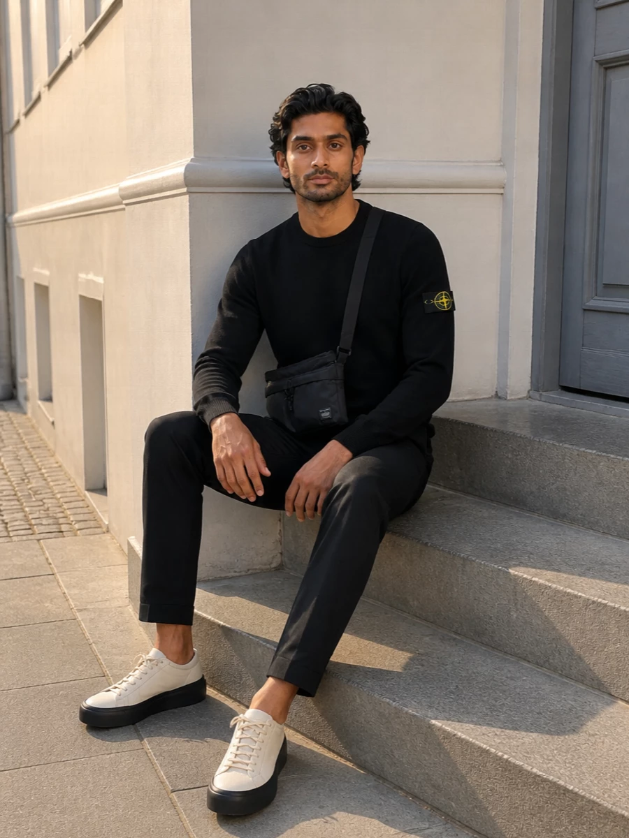 Stone island black knit tapered trousers outfit