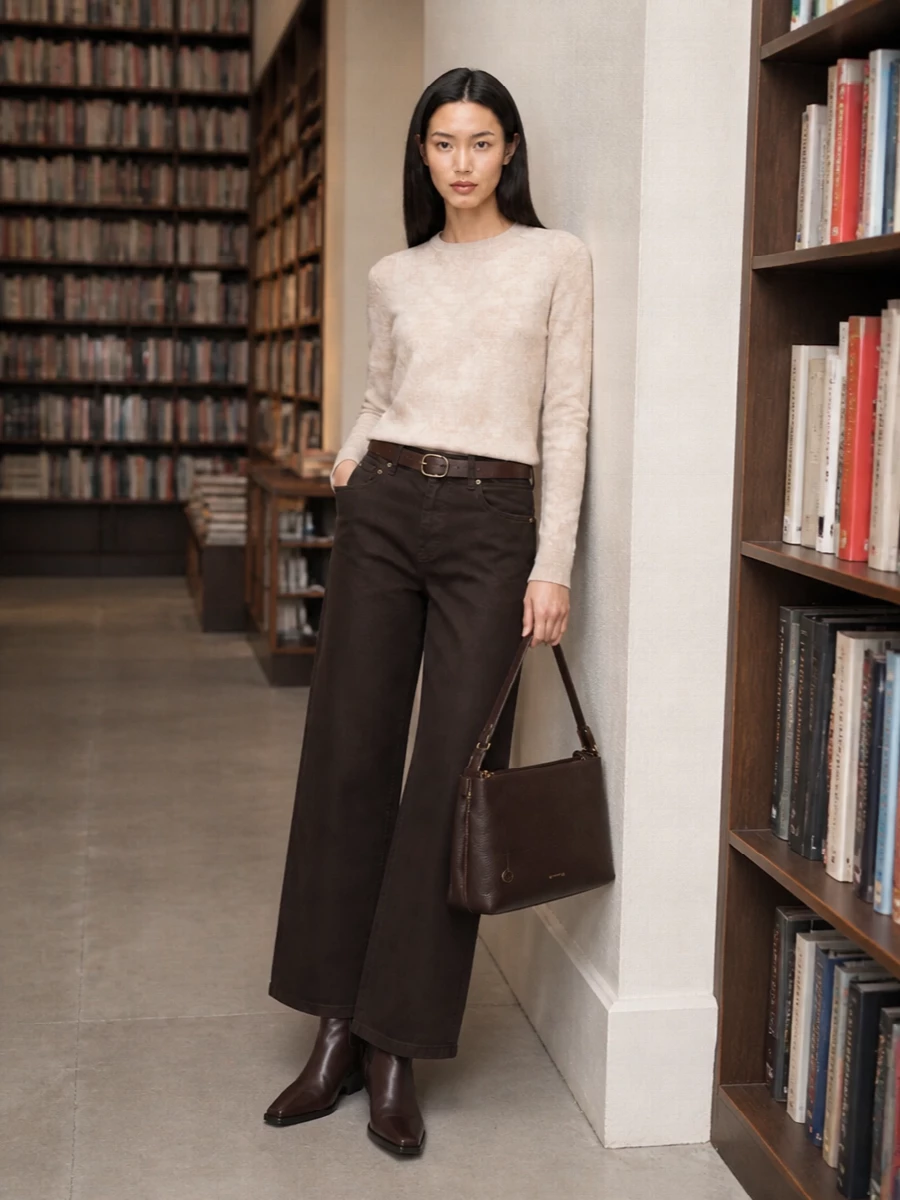Etro espresso jeans beige knit chocolate boots