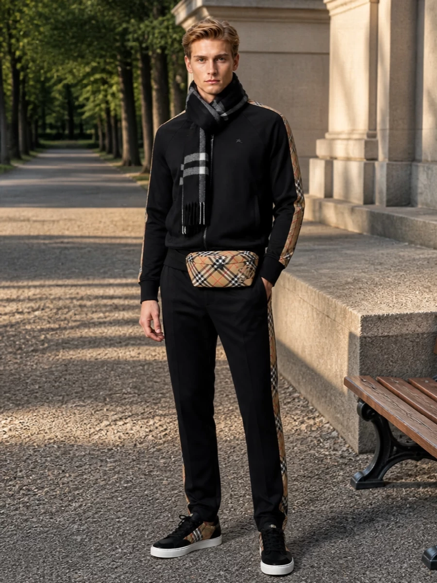 This is a head-to-toe Burberry track set that leans into house codes without feeling over-branded. The matching checked side stripes, black sneakers and tonal scarf keep the silhouette streamlined and the palette tight, so the heritage pattern reads precise rather than loud. It is an easy city uniform for travel, weekends or relaxed days when you still want everything to feel considered and premium.