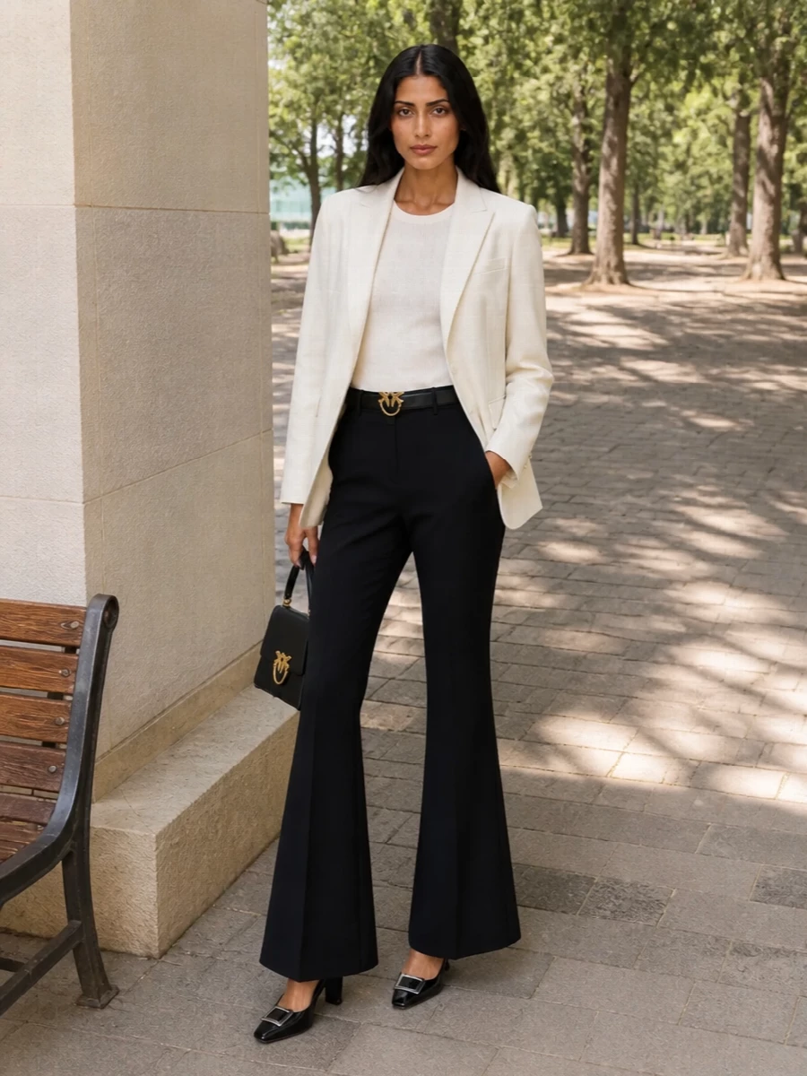 Pinko black flared trousers ivory blazer outfit