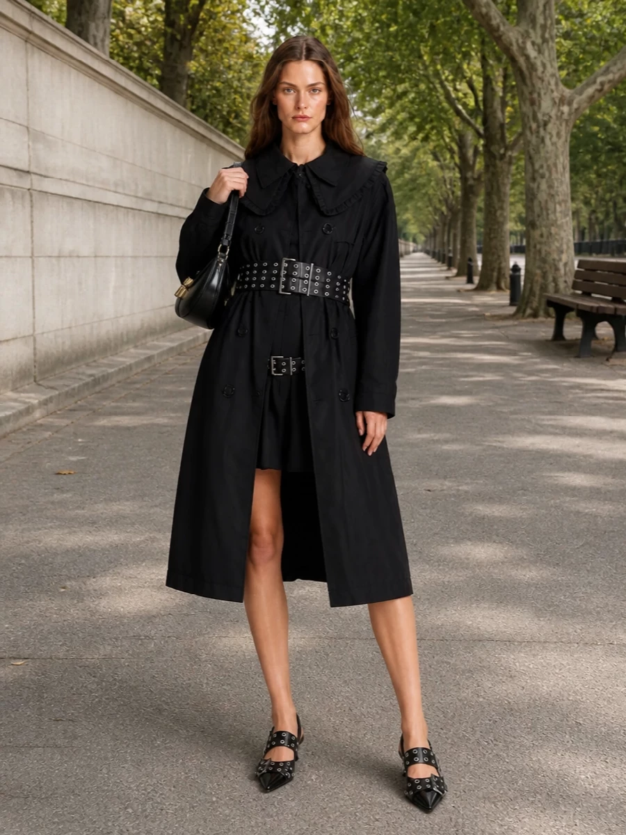 Ganni black trench belted mini dress outfit