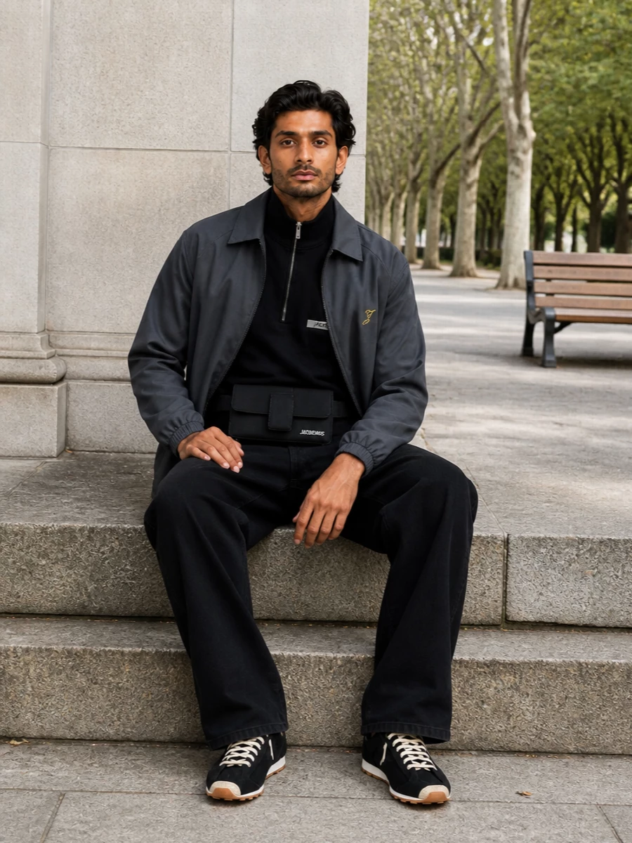 Jacquemus mens black windbreaker jeans outfit