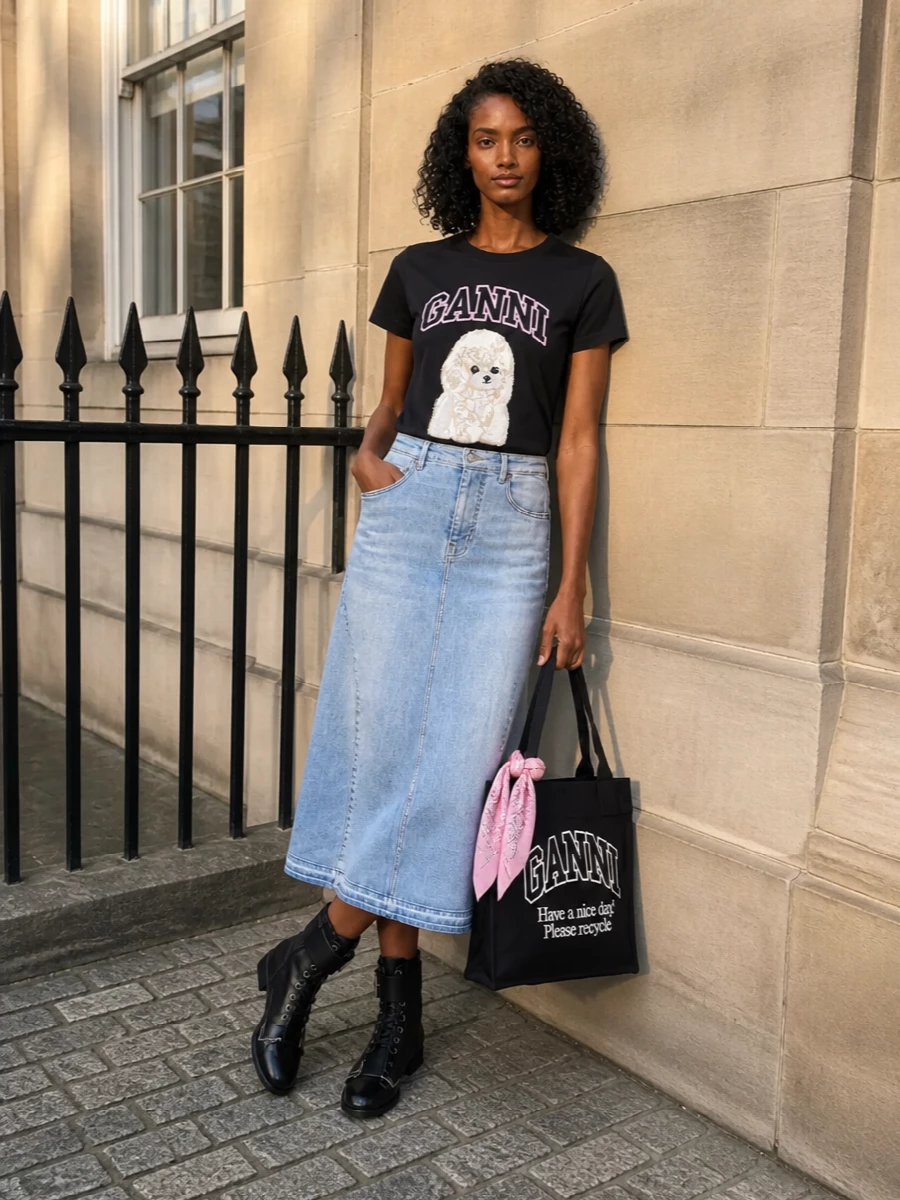 Collegiate streetwear with a Copenhagen twist, pairing the graphic dog tee with a sculpted light-wash denim midi for a playful yet easy silhouette. Black lace-up boots and a logo tote keep the palette grounded, while a dusty pink scarf ties back to the tee’s lettering for a subtle hit of color. The result is fun, leg-lengthening and ready for coffee runs, campus days or gallery afternoons.