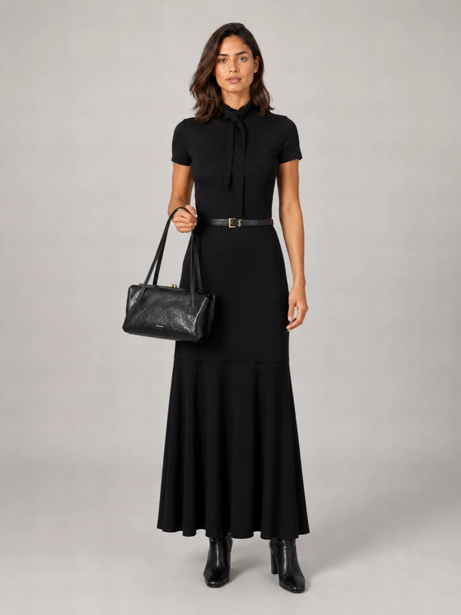 Jil Sander Knot-Detail Short-Sleeve Stand-Collar Maxi Dress