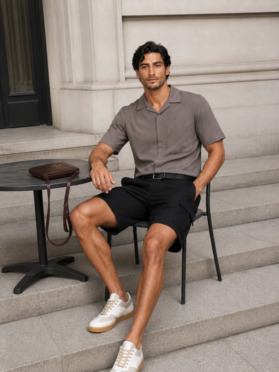 Herno cargo shorts taupe shirt luxe sneakers