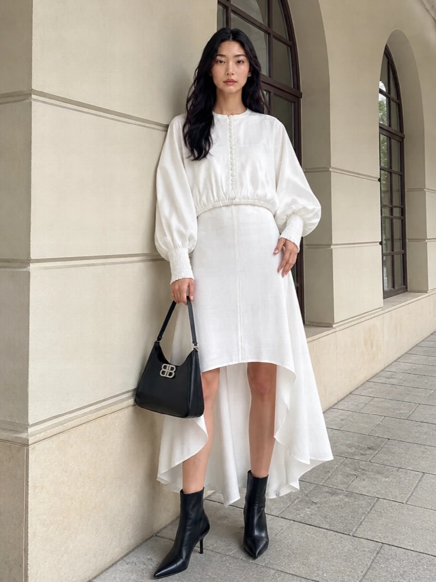 Balmain jacket alaia white midi dress outfit