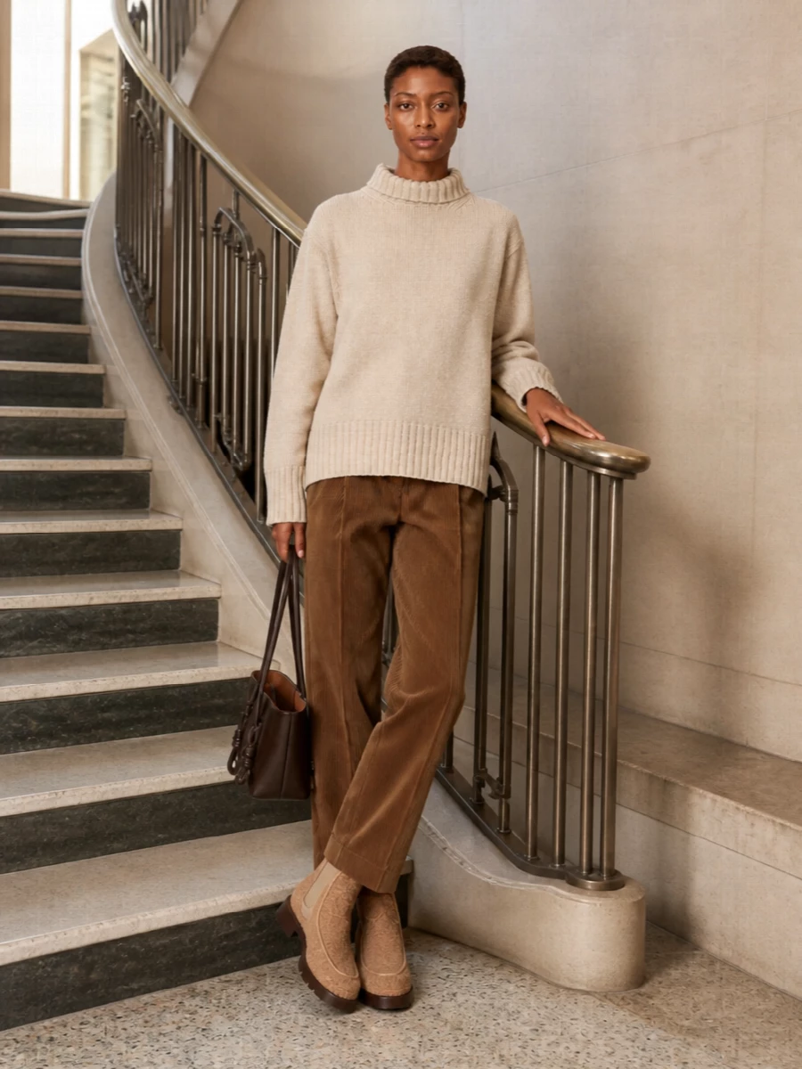 Rohe beige knit caramel corduroy trousers outfit