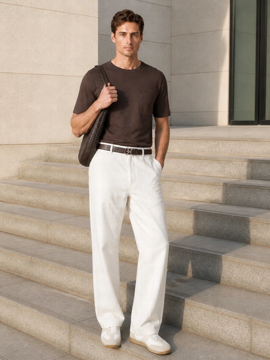 Deep chocolate and soft off-white meet here in a clean, two-tone uniform that feels calm and precise. The wide-leg trouser and regular tee create an easy vertical line, sharpened just enough by the slim belt and tonal leather crossbody. Minimal trainers keep it grounded in daytime ease while staying firmly in a quiet luxury space.