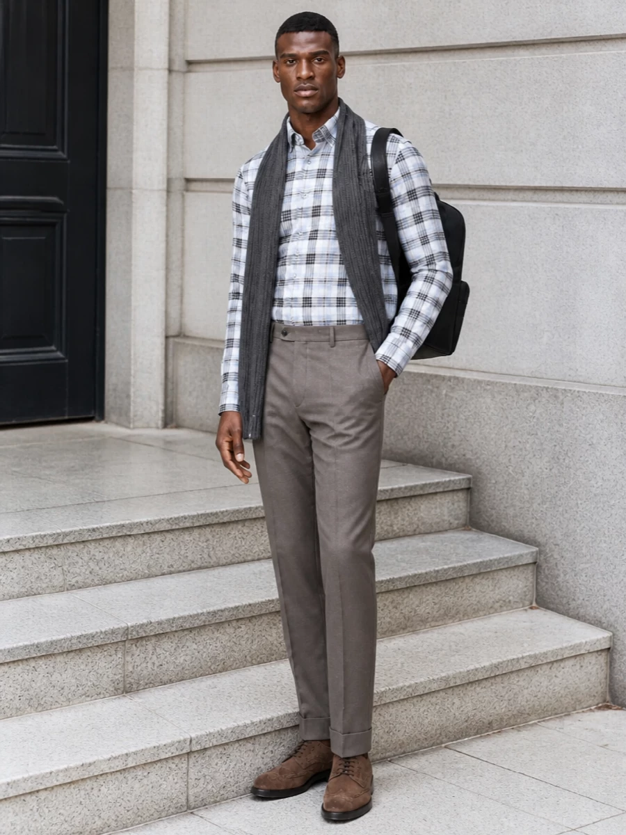 Brioni check shirt taupe trousers suede brogues