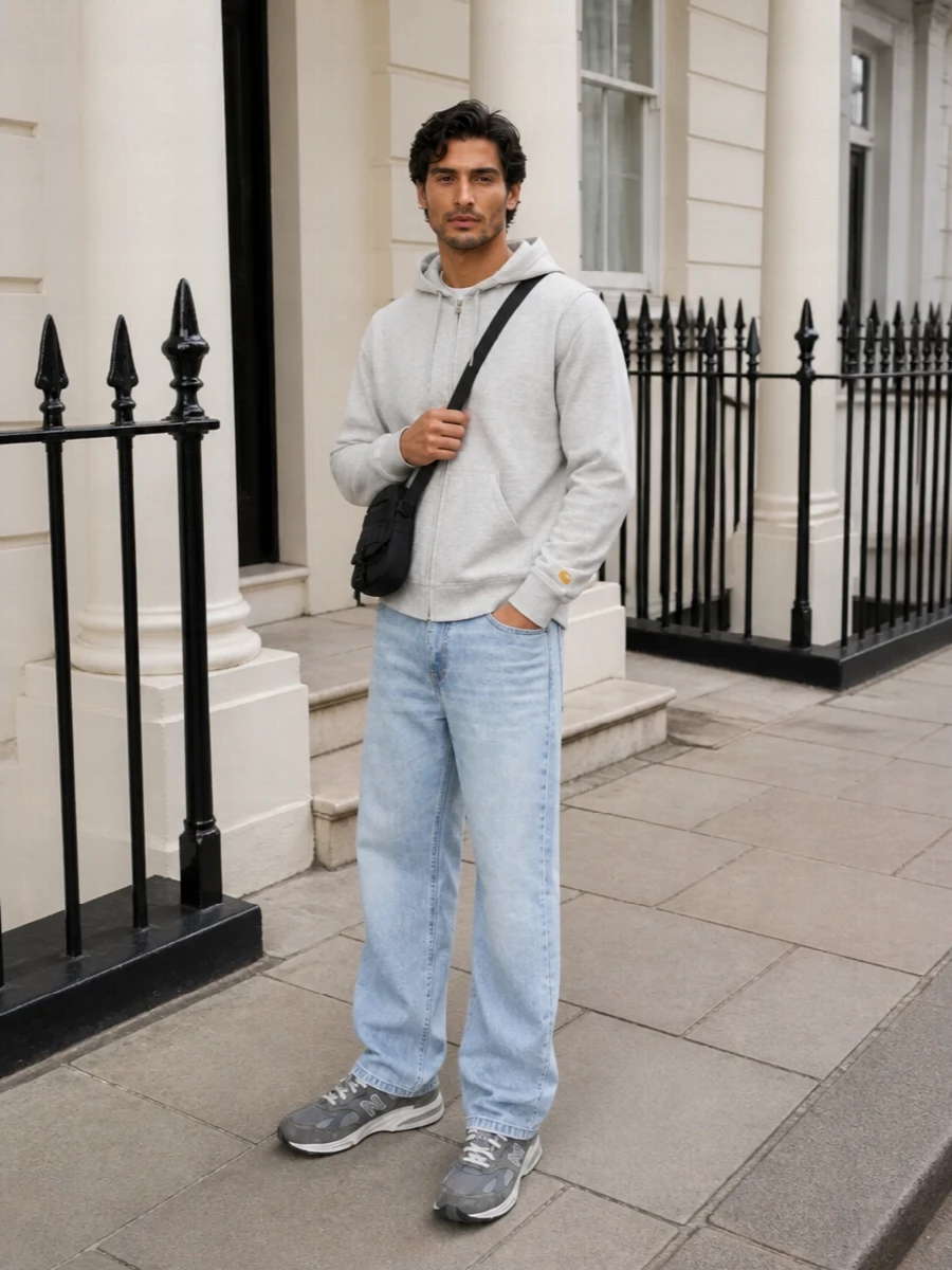Light stonewash denim with a heather grey Carhartt hoodie sets a soft, skate-leaning base that feels easy for long city days. Grey New Balance runners keep the palette calm and athletic, while the compact black Carhartt crossbody adds just enough utility detail without breaking the minimalist flow.