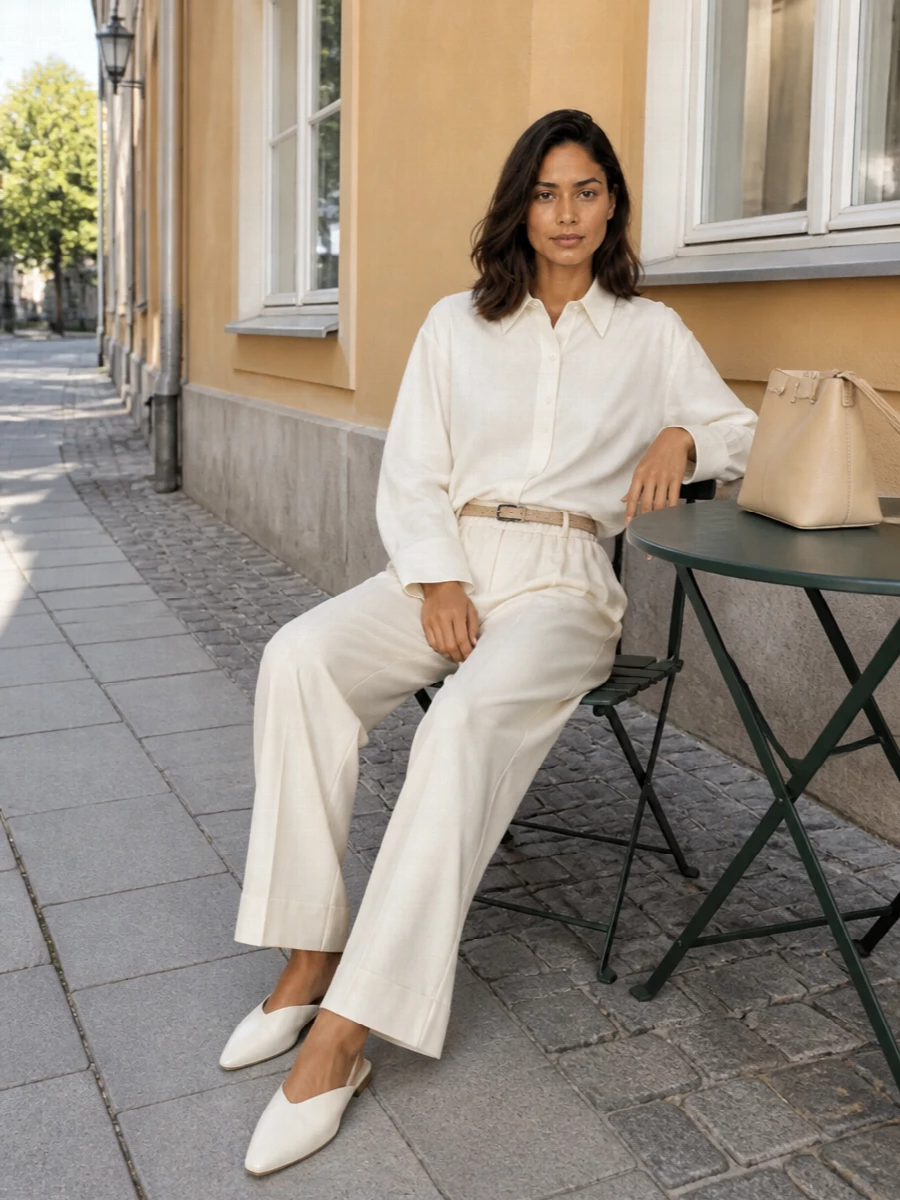 A study in soft neutrals, this pairing leans into fluid, wide-leg tailoring topped with a relaxed, sculptural ivory shirt for quiet precision. A pointed cream slingback and structured butter-beige shoulder bag sharpen the pale palette without breaking its calm. The slim sand belt simply traces the waist, keeping the whole silhouette long, easy and quietly polished for warm city days.