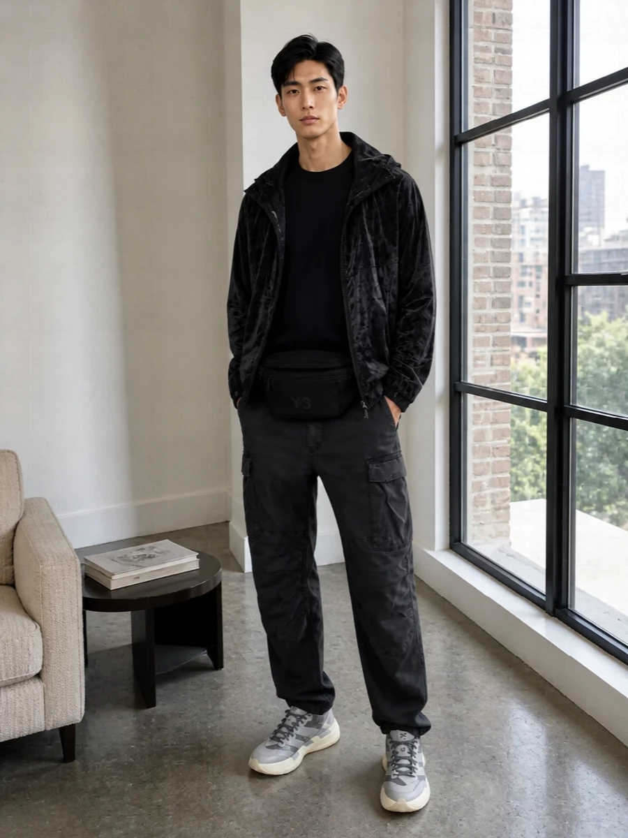 Y3 black tech jacket cargo pants runners