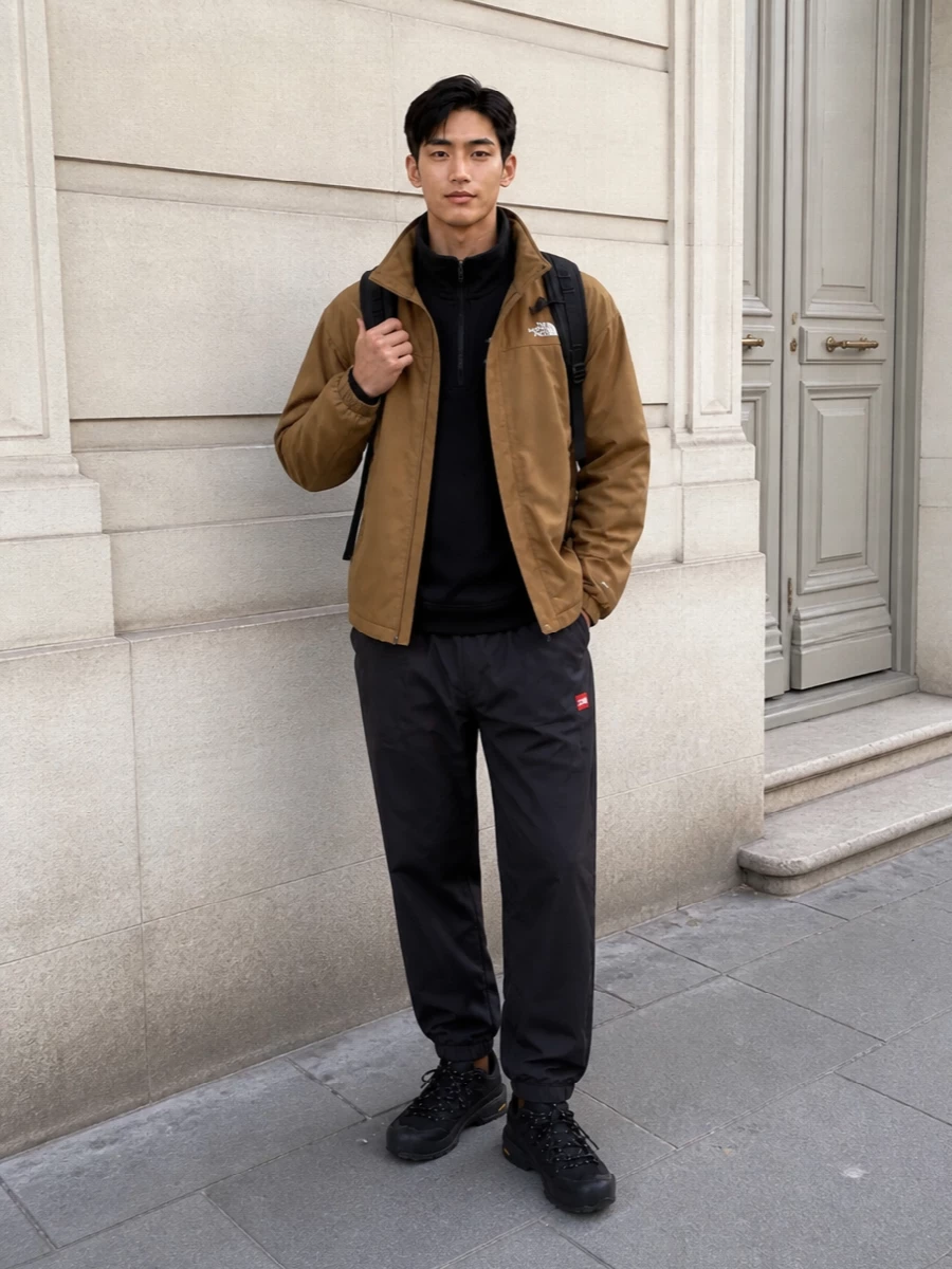 The north face camel shell black tech pants outfit