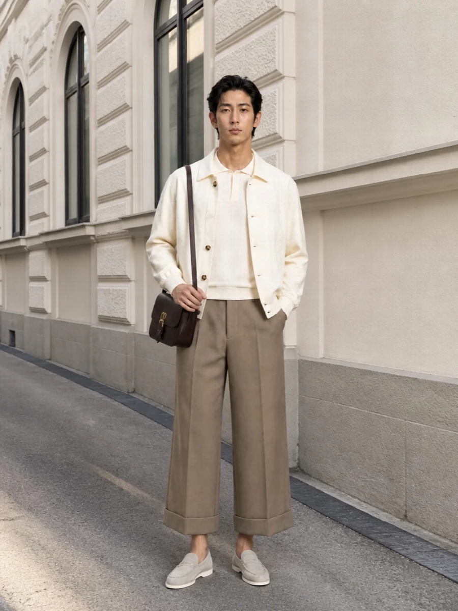 An ivory-on-neutrals palette keeps the Brunello blouson firmly in quiet-luxury territory, with the knit polo and cropped taupe trouser forming a clean, modern column underneath. Suede loafers and a dark chocolate shoulder bag add just enough depth and texture, so the outfit feels calm, composed, and ready for warm city days that can slide into dinner without a change.