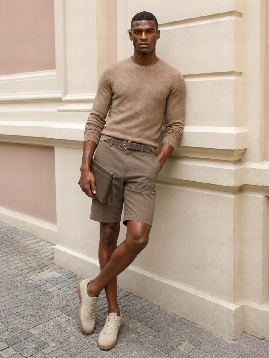 Pt torino taupe chino shorts camel knit outfit