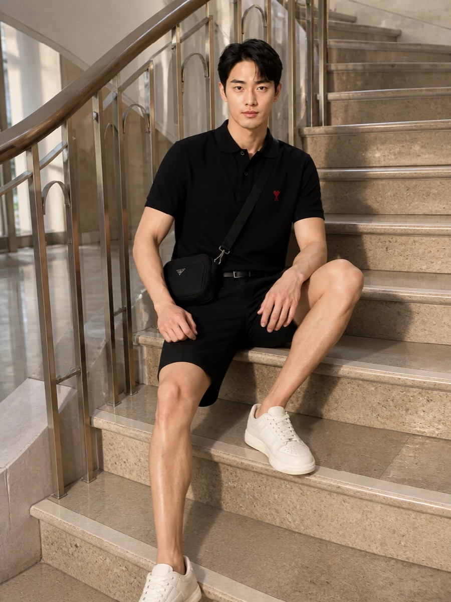 Ami’s black polo finds its perfect partner in tailored black shorts, keeping the line clean and smart without tipping into full tailoring. Tonal Prada accessories and crisp off-white Amiri sneakers introduce quiet contrast, so the outfit feels polished for city days yet relaxed enough for warm evenings. It is an easy, monochrome-heavy combination that moves confidently from café to casual dinner with minimal effort.