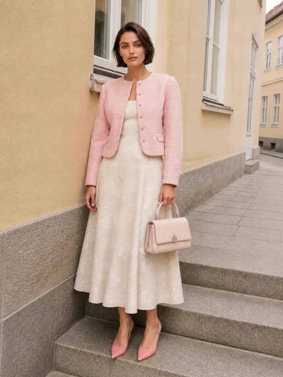 Rotate tweed jacket beige jacquard midi dress