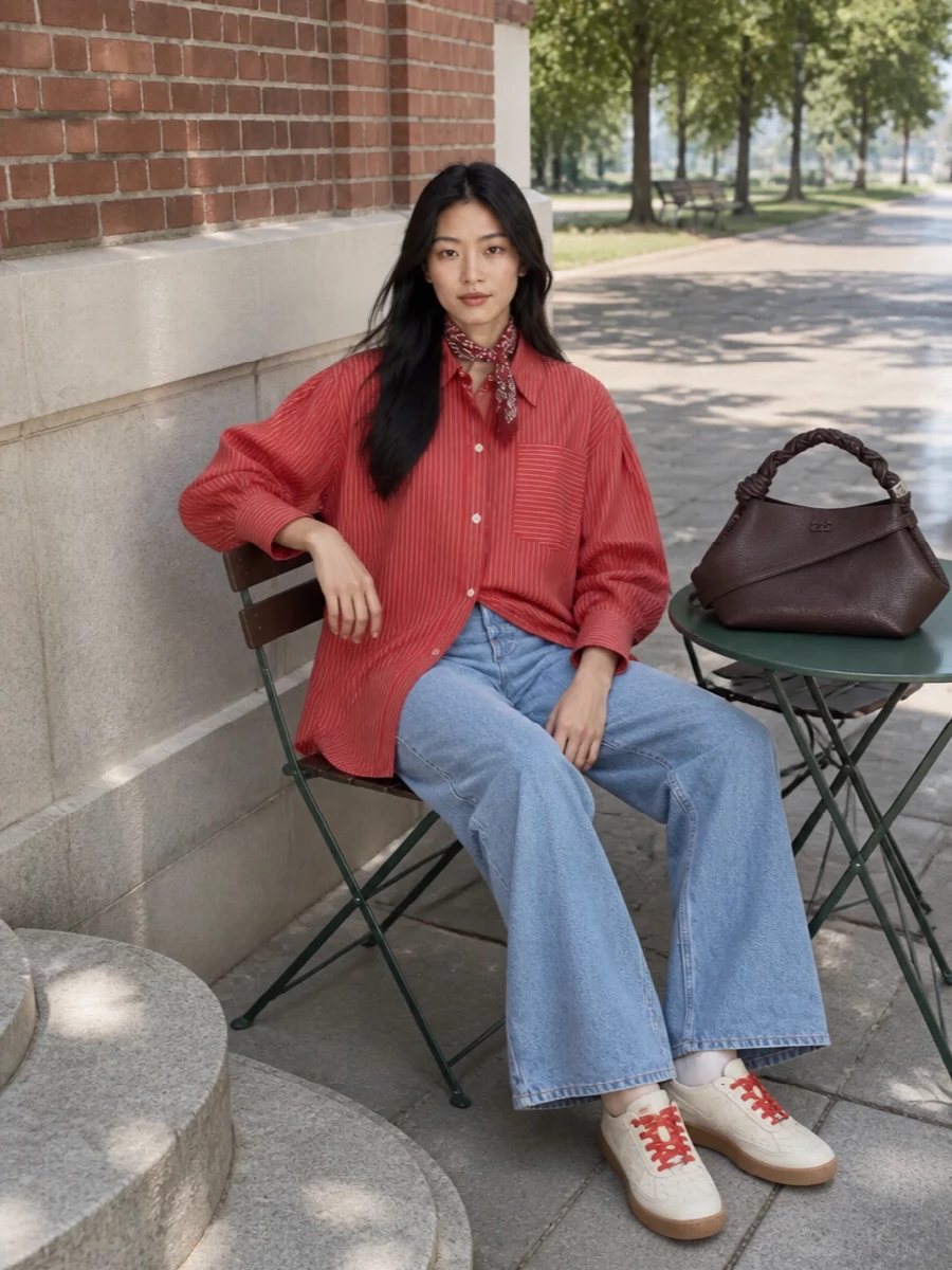 Ganni striped shirt wide leg jeans sneakers
