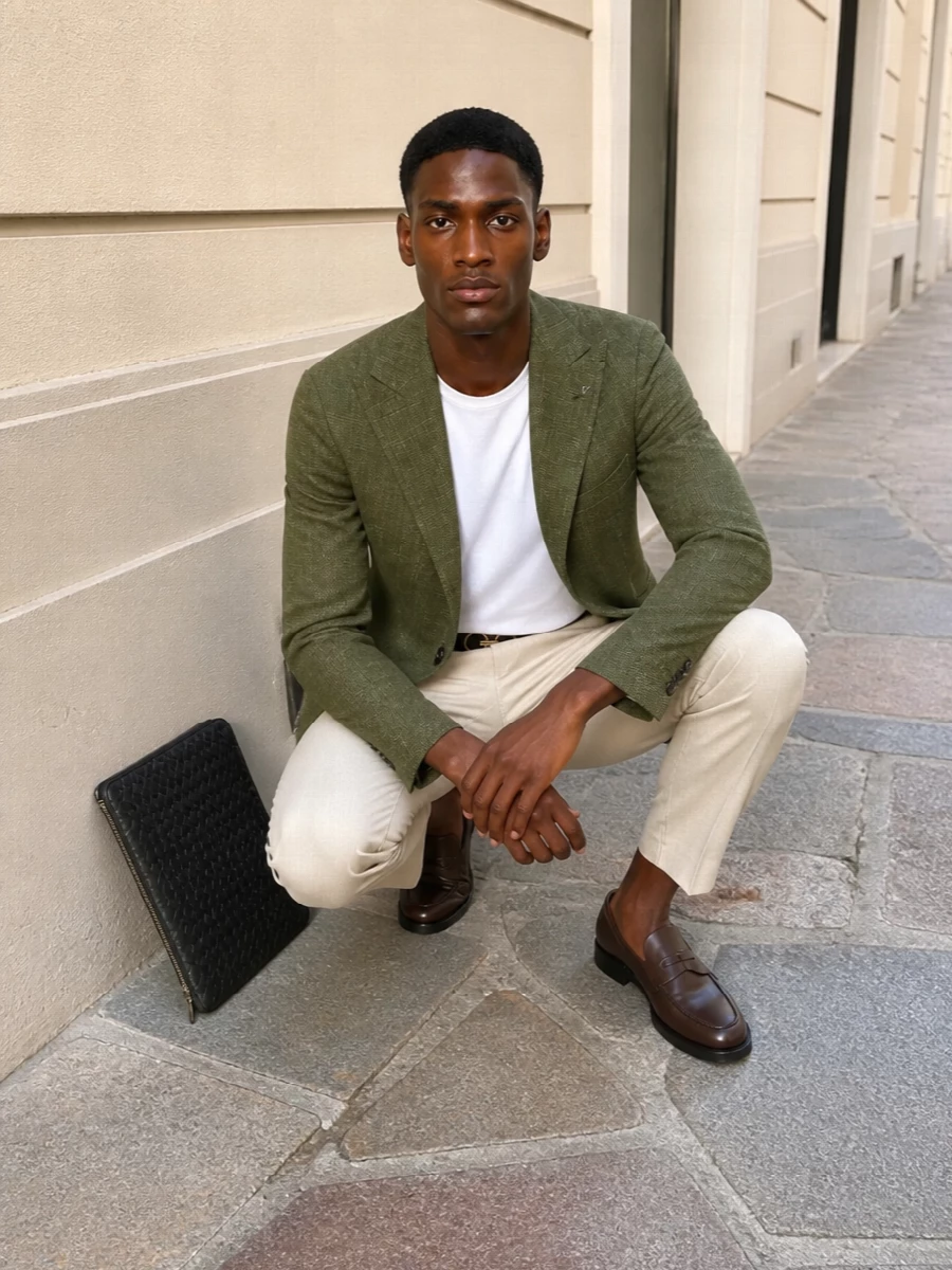 Tagliatore olive blazer beige trousers outfit
