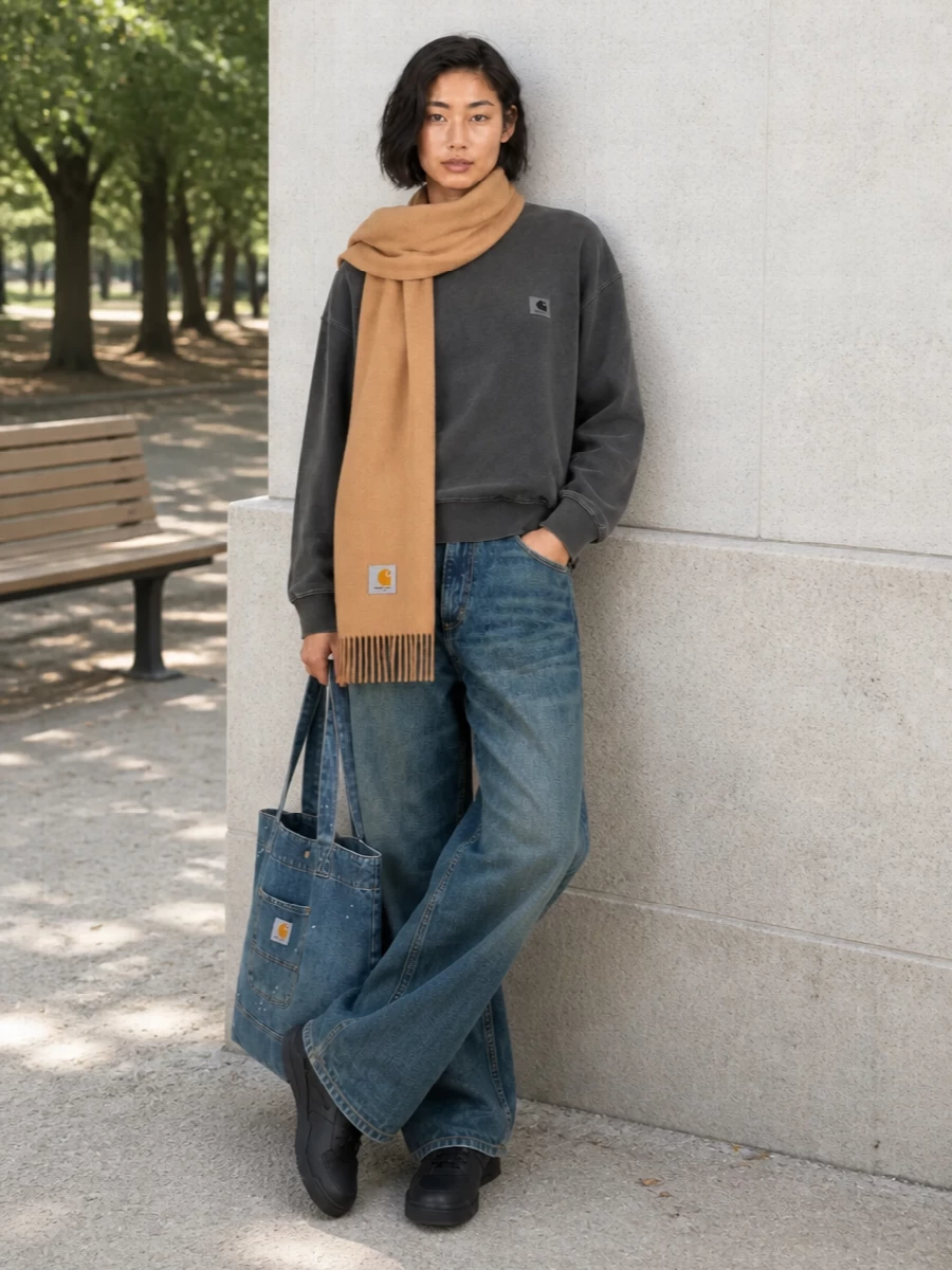Carhartt WIP wide-leg denim and a washed charcoal crew land in the sweet spot between skate and workwear, all in a muted, city-ready palette. Black Nike high-tops ground the proportions and keep it agile, while the denim tote doubles down on the utility story without feeling matchy-matchy. The camel scarf is the one soft note, warming up the blues and greys so the whole outfit feels lived in rather than flat.
