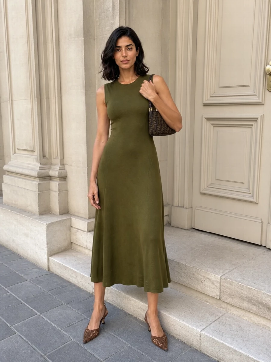 The olive midi dress and FF baguette speak the same language of quiet, logo-aware polish in a deep neutral palette. Choosing the dress route keeps the focus on a long, fluid line that feels modern yet relaxed, while the chestnut kitten slingbacks introduce just enough Y2K-leaning street energy to stay true to the bag’s attitude without breaking its refined mood. Wear this for city dinners where you want the branding to read intentional but never loud.