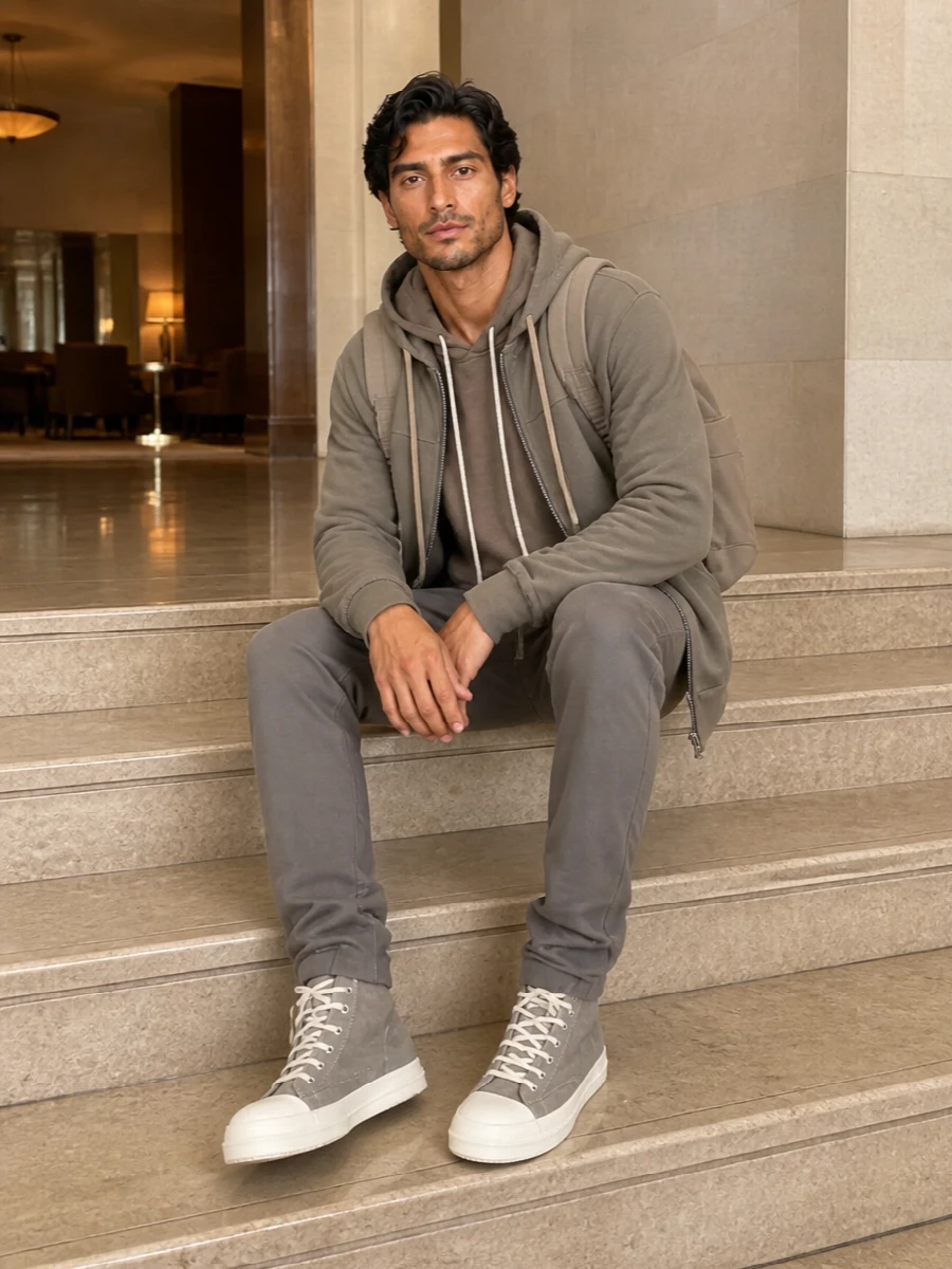 Rick owens taupe hoodie outfit grey sneakers