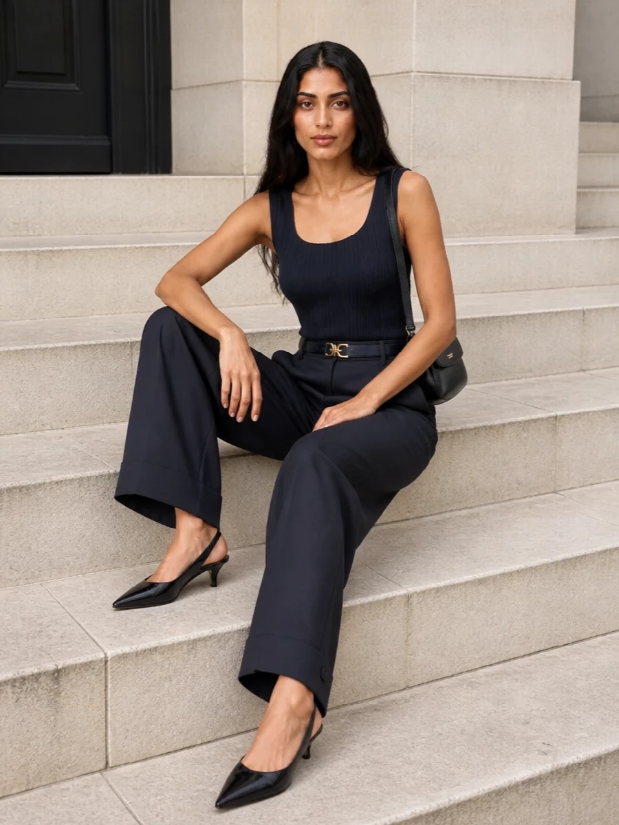 A deep, tonal column of charcoal and midnight navy reads quietly assured, ideal for dinners, receptions or client evenings. The high-rise, wide-leg trouser and pleated tank create a long, sculpted line, with the kitten-heel slingbacks adding just enough height to keep the proportions razor-sharp. A small structured black shoulder bag and a navy belt with gold hardware finish the ensemble with composed, ultra-discreet polish.
