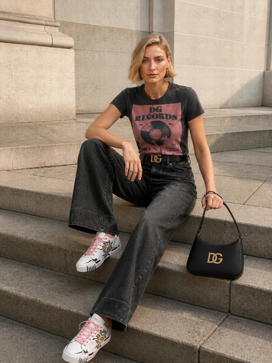 Charcoal wide-leg denim grounds the DG Records tee in a long, easy line that feels very late‑night‑in‑the‑city. Graphic sneakers and a structured DG baguette keep the palette tight in black, charcoal and dusty rose while leaning into a confident, logo-forward mood. The logo belt pulls everything together at the waist so the proportions stay sharp, not sloppy.