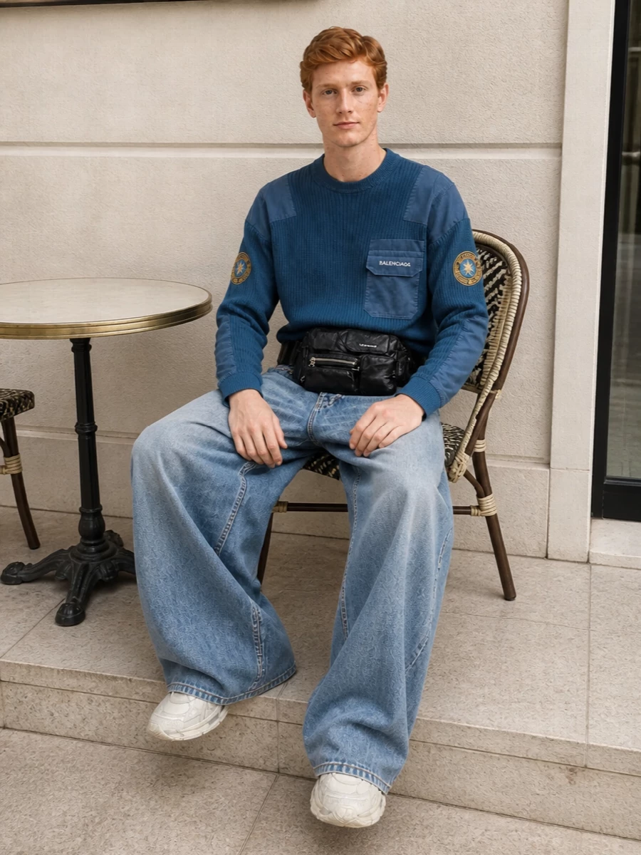 Balenciaga wide leg jeans chunky sneakers outfit