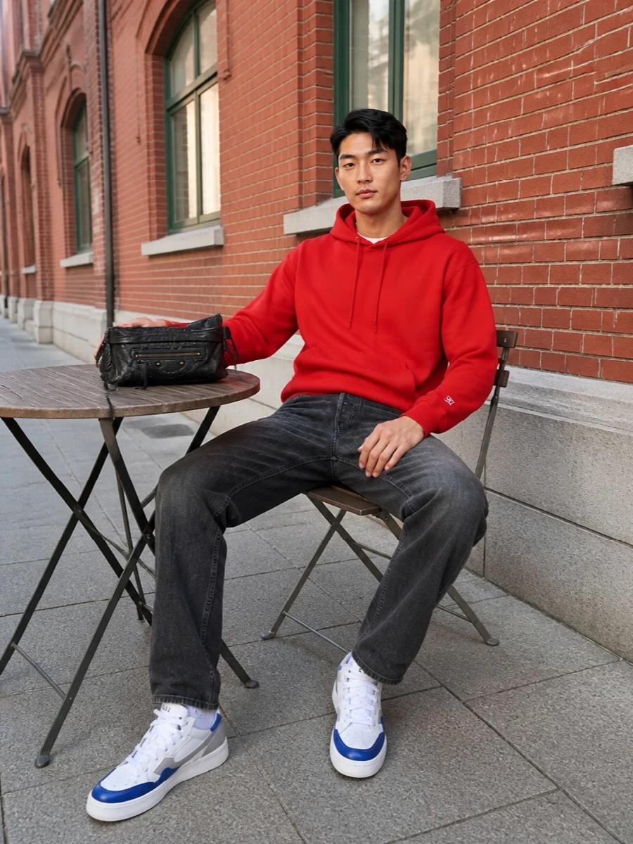 Celine red hoodie dark jeans white sneakers