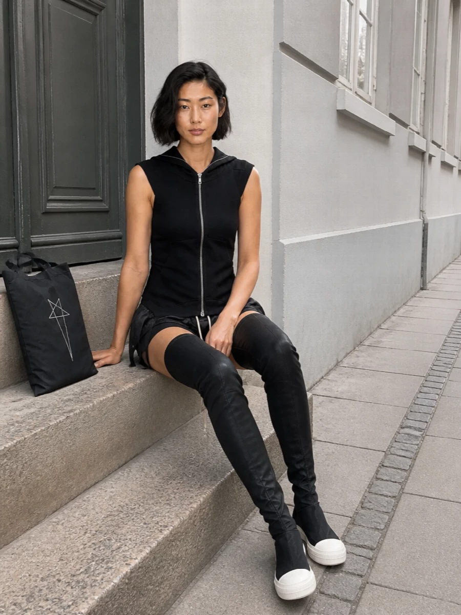 Rick owens drkshdw hooded knit sock boots outfit