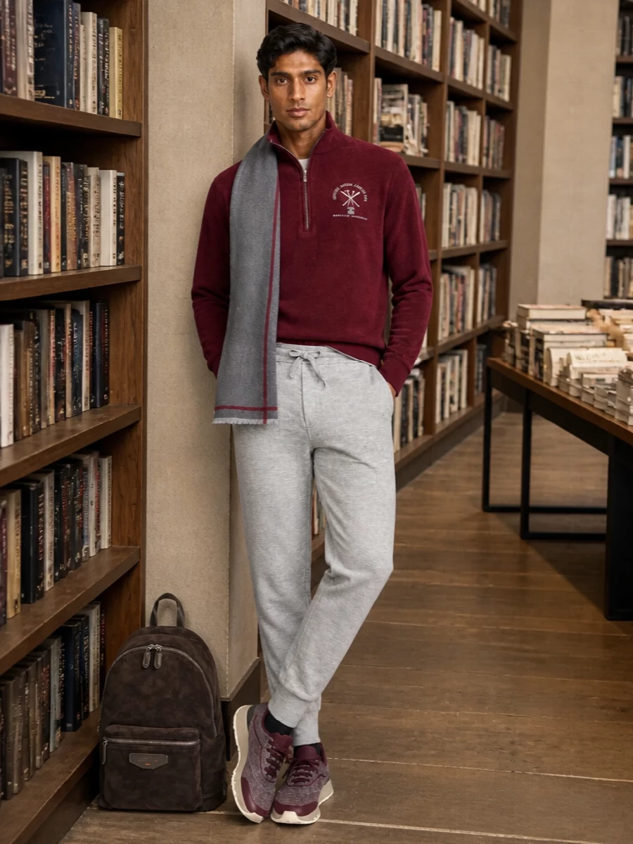 Deep burgundy and soft heather grey frame a quietly plush, sport-influenced winter ensemble, ideal for travel days or slow chalet mornings. The knit jogger keeps the line relaxed but considered, while tonal runners and a suede backpack maintain a single, hushed palette. It feels coordinated, cocooning and purpose-built for moving through cold days in comfort without sacrificing polish.