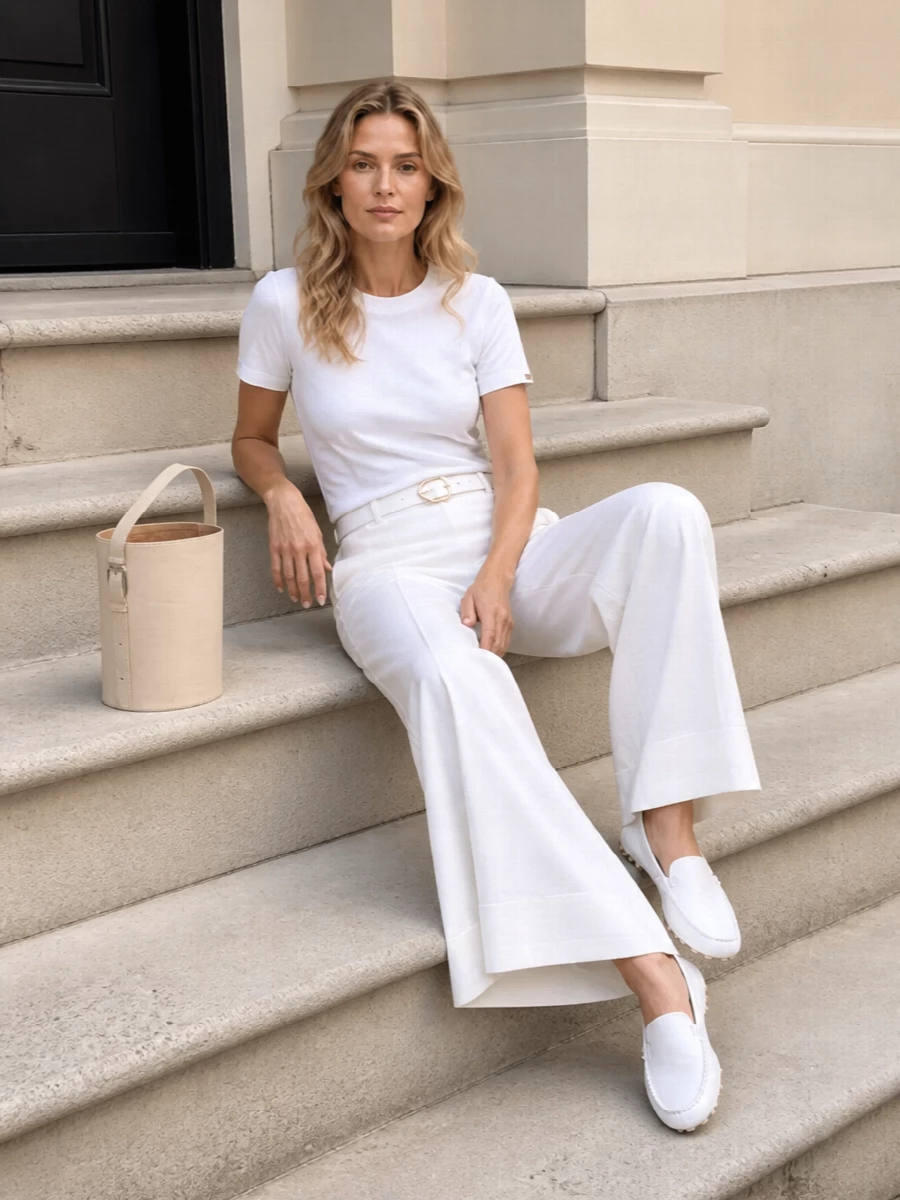 Herno white wide leg trouser outfit tods loafers