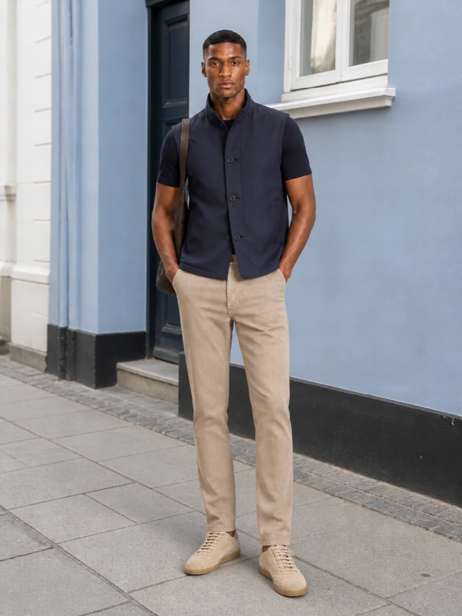 Zegna navy gilet sand trousers suede sneakers