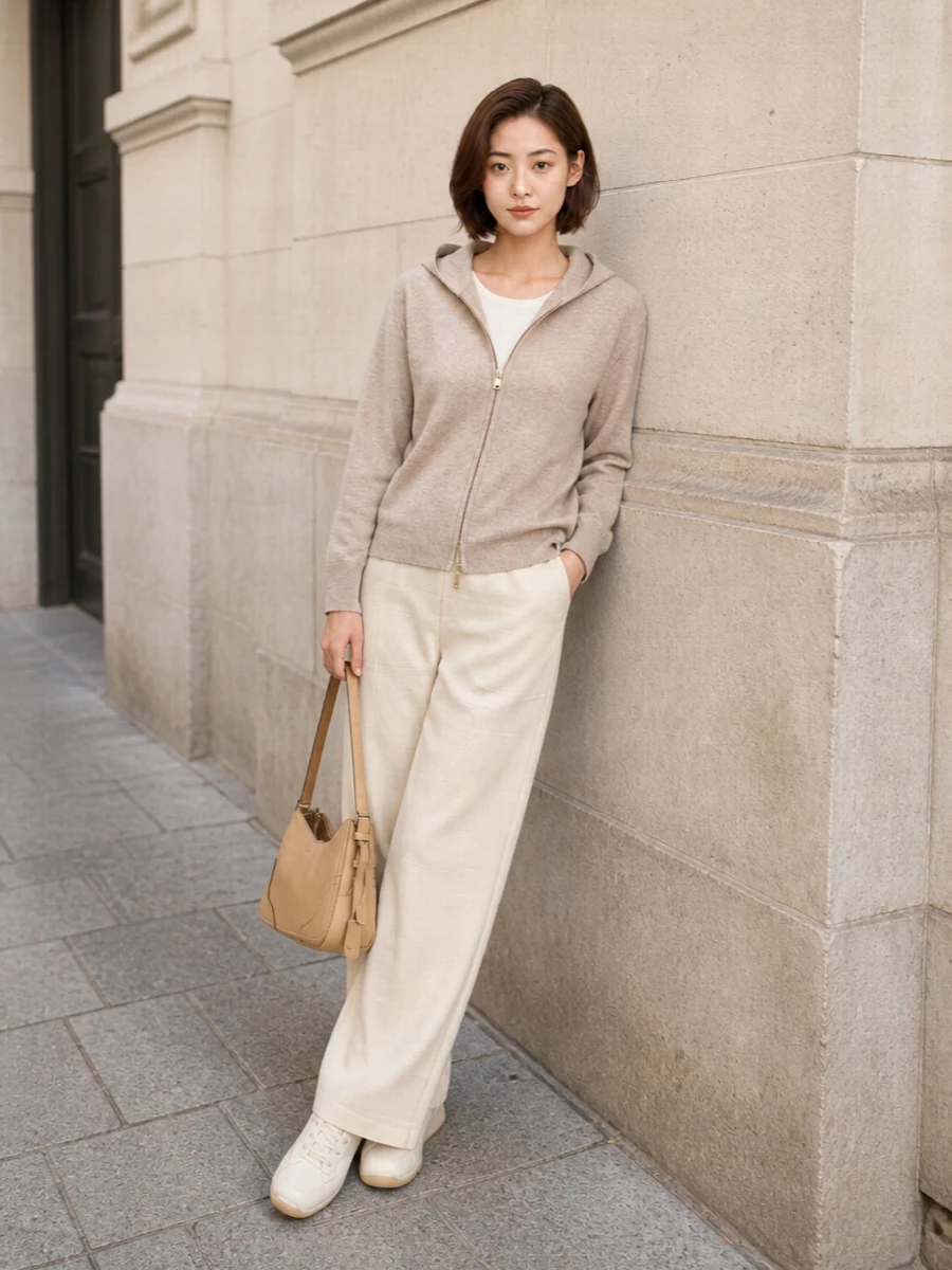 This look leans into quiet, travel-ready luxury: the warm beige hooded zip cardigan pairs with buttercream wide-leg trousers to create a fluid, tonal column that feels as at home on a plane as in the city. Cream leather sneakers keep the mood sporty but refined, while the camel shoulder bag adds a softly structured note of polish without disturbing the ease of the silhouette.