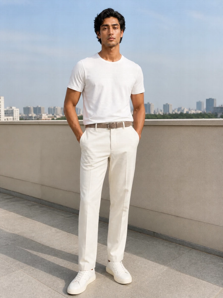 Apc ecru trousers white tee woolrich sneakers