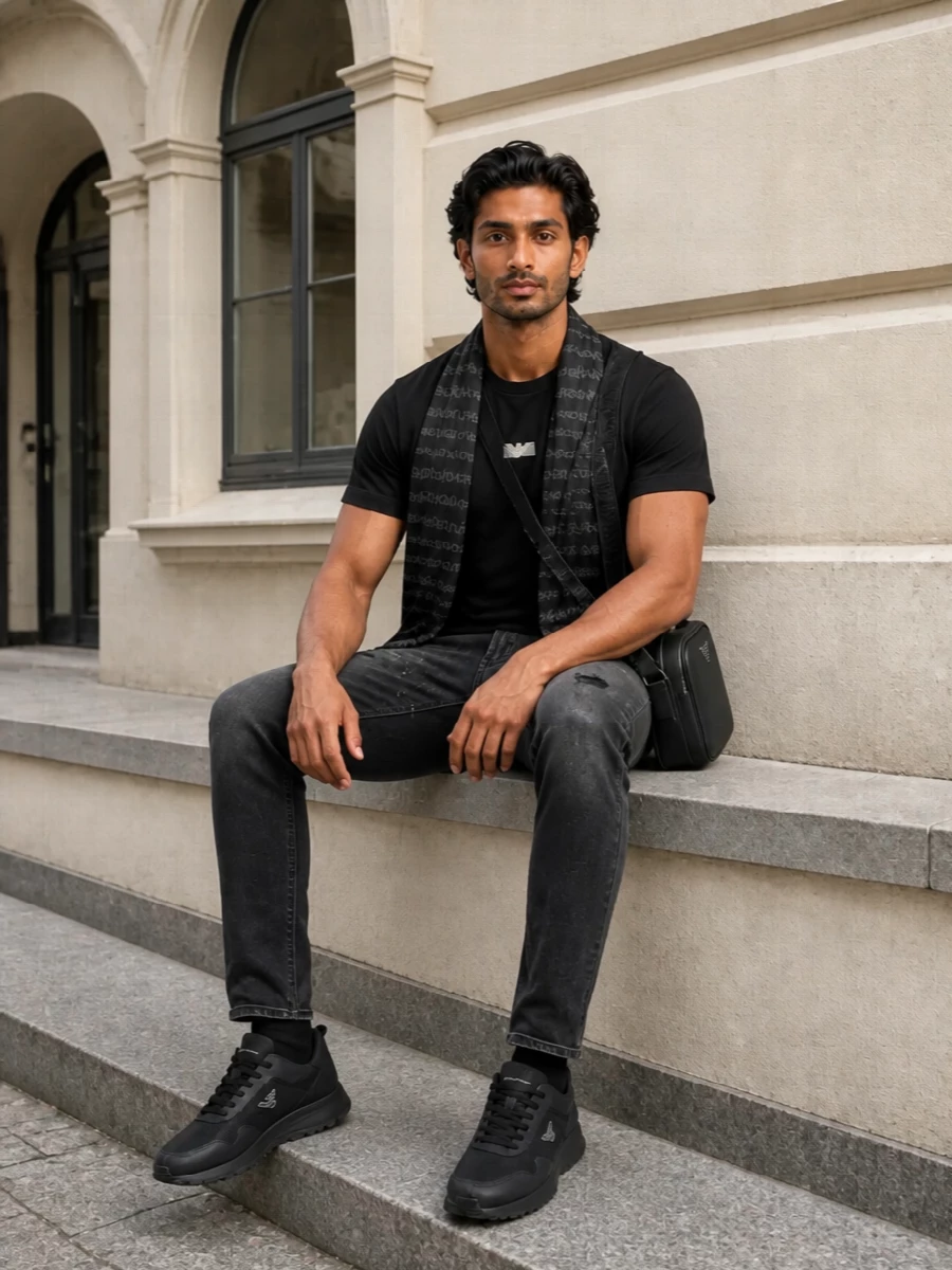 Emporio armani black logo tee jeans outfit