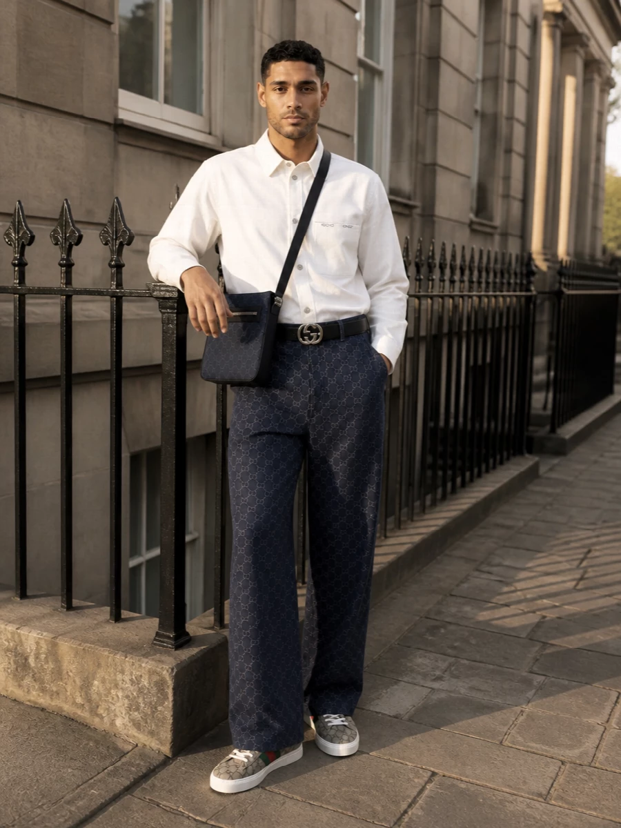 A high-waist GG denim trouser sets the tone, anchored by a crisp white snap-front shirt that keeps the logos focused and the silhouette clean. Classic GG Web sneakers and a navy monogram crossbody carry the heritage story in a quieter key, while a black GG belt defines the waist and sharpens the wide-leg proportion for city days that lean polished rather than casual.