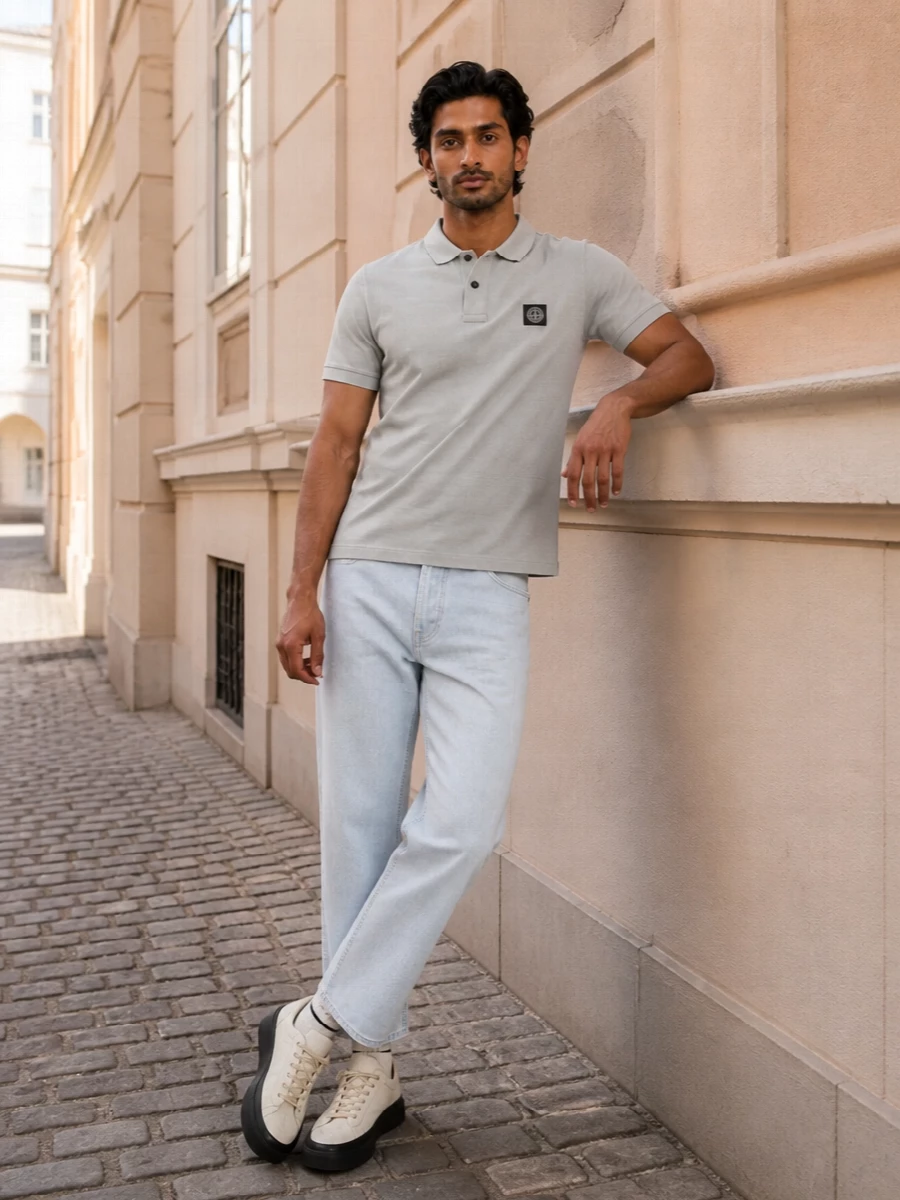 Stone island grey polo light jeans sneakers