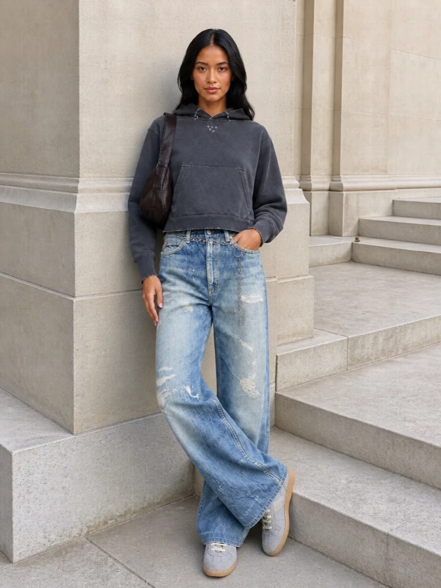 Our legacy jeans cropped hoodie margiela sneakers
