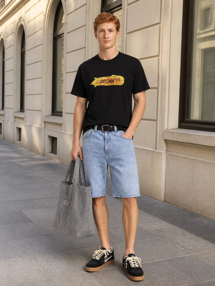 Carhartt WIP’s graphic corn tee sits over light stonewashed denim shorts for a straight-up skate and workwear mix that feels easy in warm weather. Off-White’s gum-soled sneakers echo the tee’s warm tones and keep the vibe city-ready, while the striped Carhartt tote and a simple black belt add just enough structure without distracting from the bold chest graphic. It is an unfussy, graphic-heavy streetwear outfit that moves from skatepark to late-day hangs without needing a change.