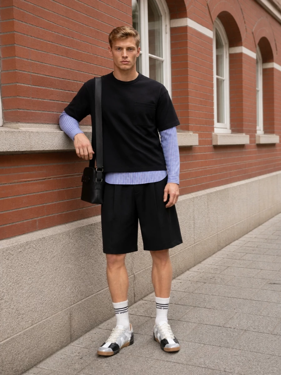 A graphic CDG shirt meets precise black pleated shorts for a boxy, intellectual take on summer tailoring. Margiela’s black and white sneakers and structured shoulder bag keep the palette tight and quietly directional, while striped sport socks add a discreet street cue. It is sharp enough for gallery afternoons but relaxed enough for long city days.