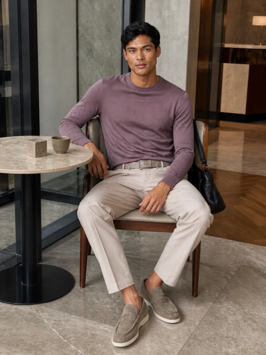 Herno mauve sweater beige drawstring trousers