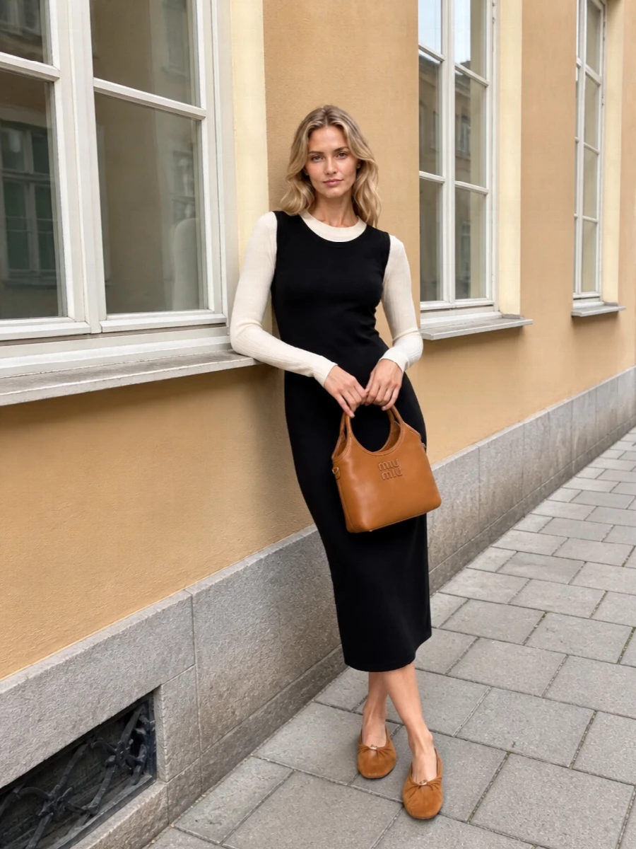 A slim Marni knit midi in black and cream sets a clean, graphic base that lets the caramel Miu Miu tote quietly stand out. Loewe’s ruched suede ballerinas pick up the bag’s warm tan and keep the mood soft, understated and city-ready. Opting for the dress route keeps the silhouette long and lean, ideal for showing off the structured top-handle without breaking the line with extra separates.