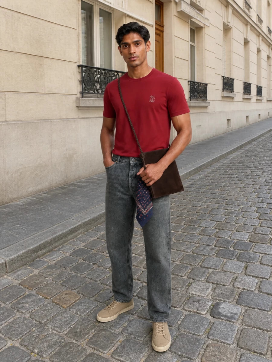 Brunello cucinelli red tee grey jeans outfit