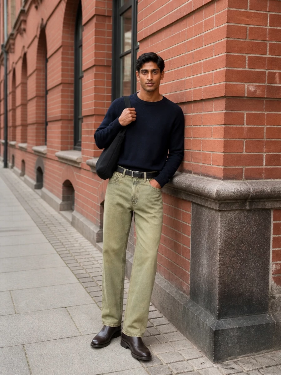 Our legacy navy knit sand jeans brown boots