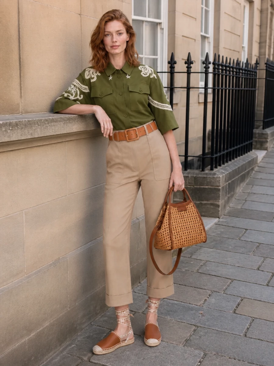 Max mara olive shirt beige cropped trousers outfit