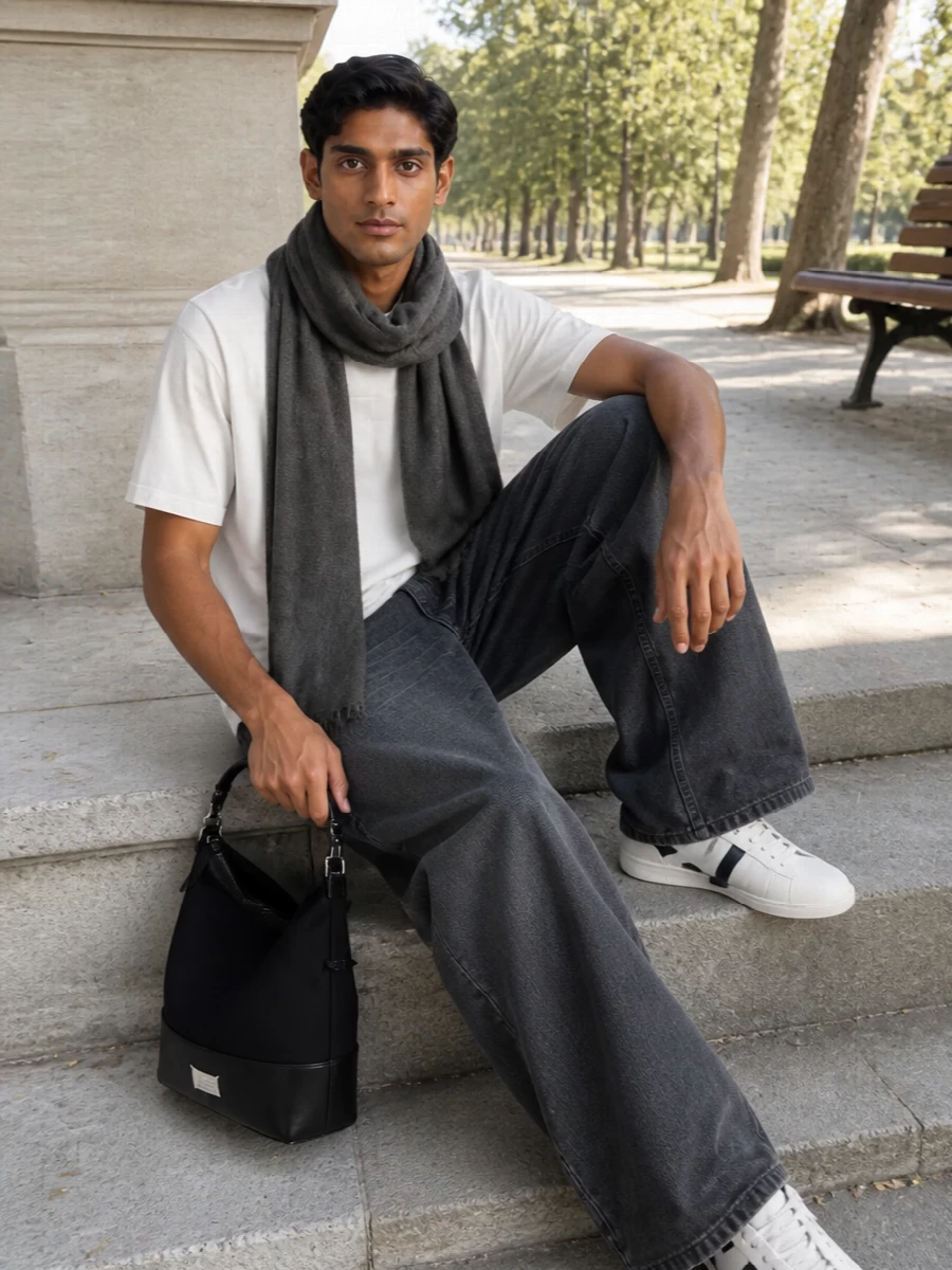 Soft white on top and washed charcoal below keeps this clean, quietly graphic and firmly in the Rick universe. The wide leg gives the outfit its presence, while the low, sleek sneakers and structured shoulder bag keep it grounded and intentional rather than sporty. A shadowy scarf finishes it with just enough texture for colder days without disturbing the minimal lines.